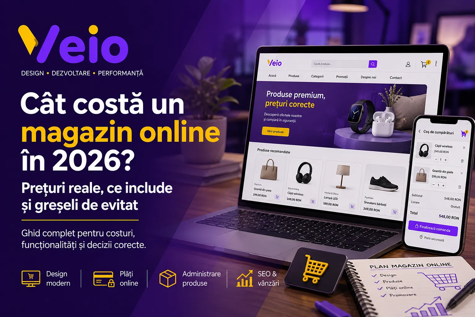Magazin online pe laptop și telefon, cu produse și coș de cumpărături